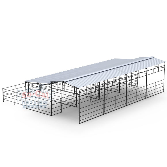 Mare Motel Shed Row with (4) 12x24 Stalls and 12ft Breezeway 4-Rail