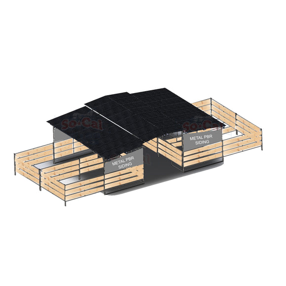 Mare Motel with (4) 12x24 Stalls and 12ft Breezeway 5-Rail WOOD INSERTABLE + PBR SIDING