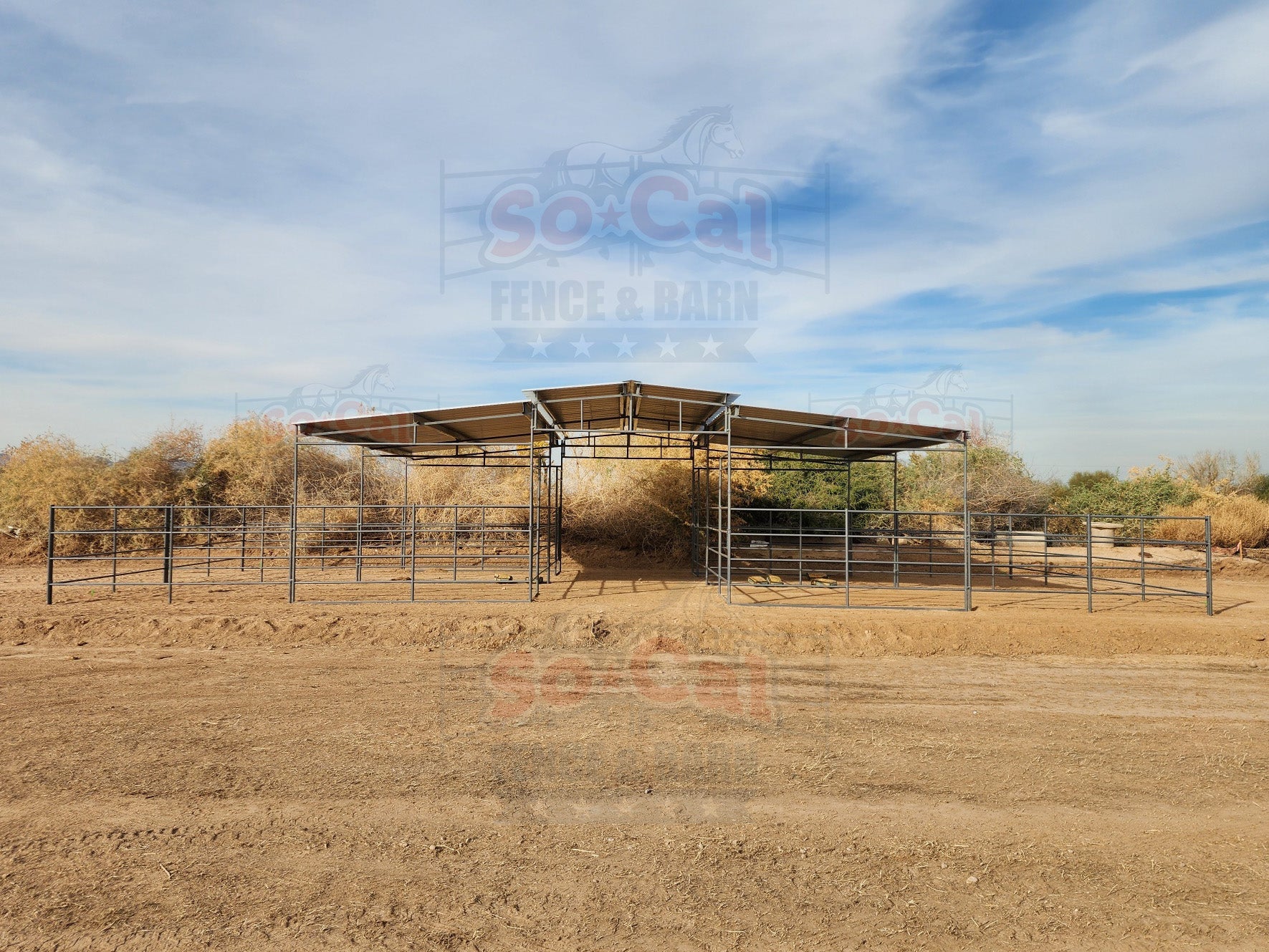 Mare Motel with (4) 12x24 Stalls and 12ft Breezeway 5-Rail - 0