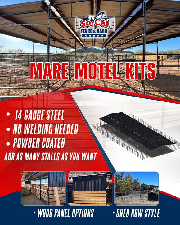 Mare Motel Shed Row with (4) 12x24 Stalls and 12ft Breezeway 4-Rail
