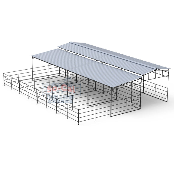 Mare Motel Shed Row with (4) 12x24 Stalls and 12ft Breezeway 4-Rail