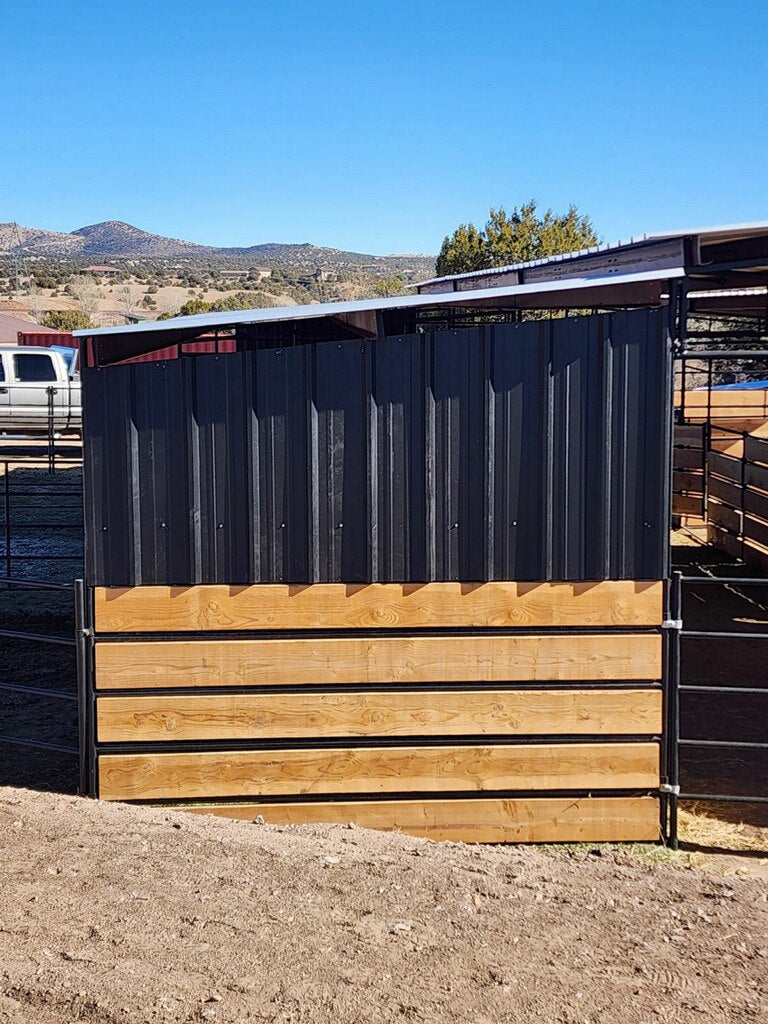 Mare Motel with (4) 12x24 Stalls and 12ft Breezeway 5-Rail WOOD INSERTABLE + PBR SIDING